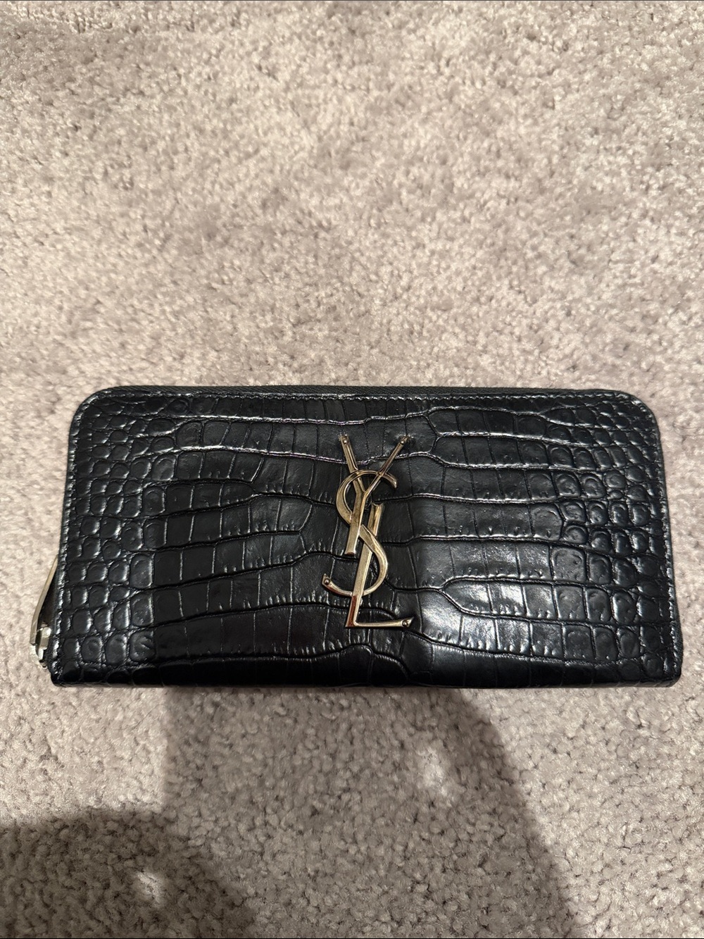 YSL Saint Laurent Black Croc-Embossed Zip Around Wallet with Silver YSL Logo